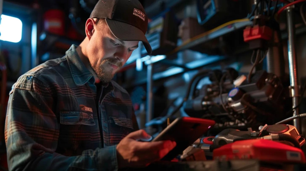 a focused diesel mechanic analyzes diagnostic fault codes on a rugged tablet in a dimly lit repair bay, surrounded by tools and engine parts, highlighting the precision of modern automotive diagnostics.