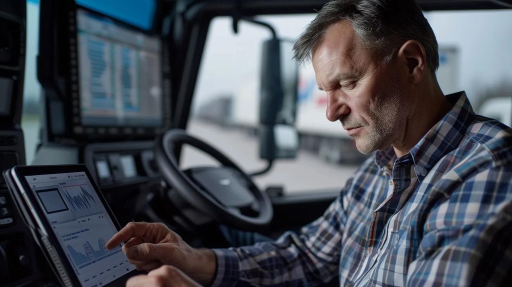 a focused fleet manager diligently analyzing engine diagnostic codes on a high-tech tablet in a sleek, modern office filled with vehicle schematics and performance charts.